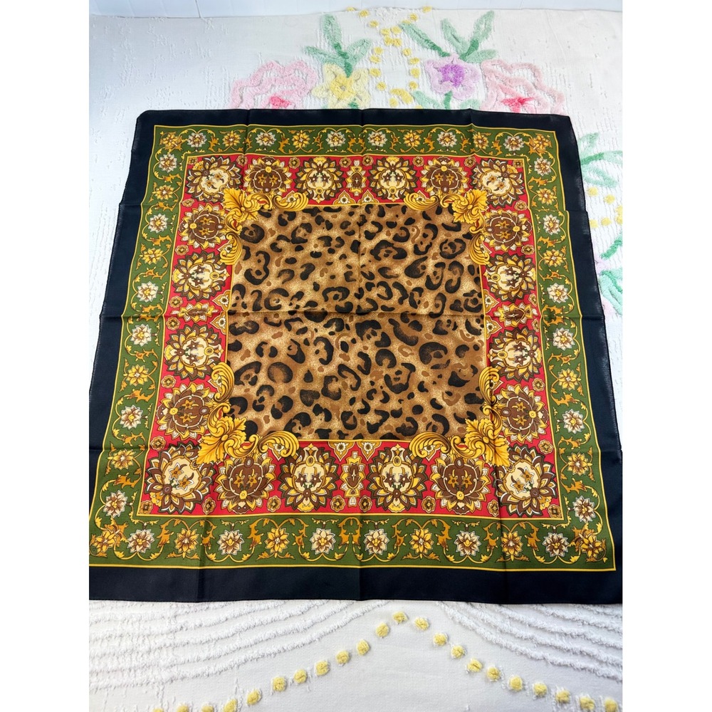 Vintage‎ Made in Italy Leopard Baroque Floral Square Scarf Green Gold Red 31x31